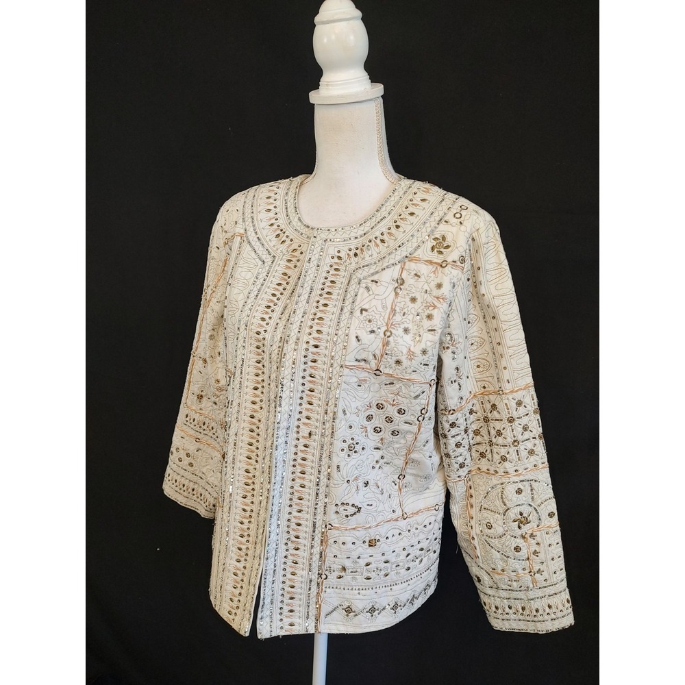 Design Exchange Jacket Boho Hippie Artsy Beaded Embroidery Open Front Ivory Sz M